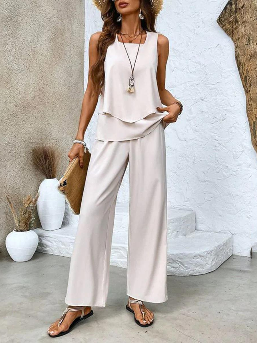 Women Two-Piece Set Layered Sleeveless Tank with Printed Wide-Leg Trousers - Beige