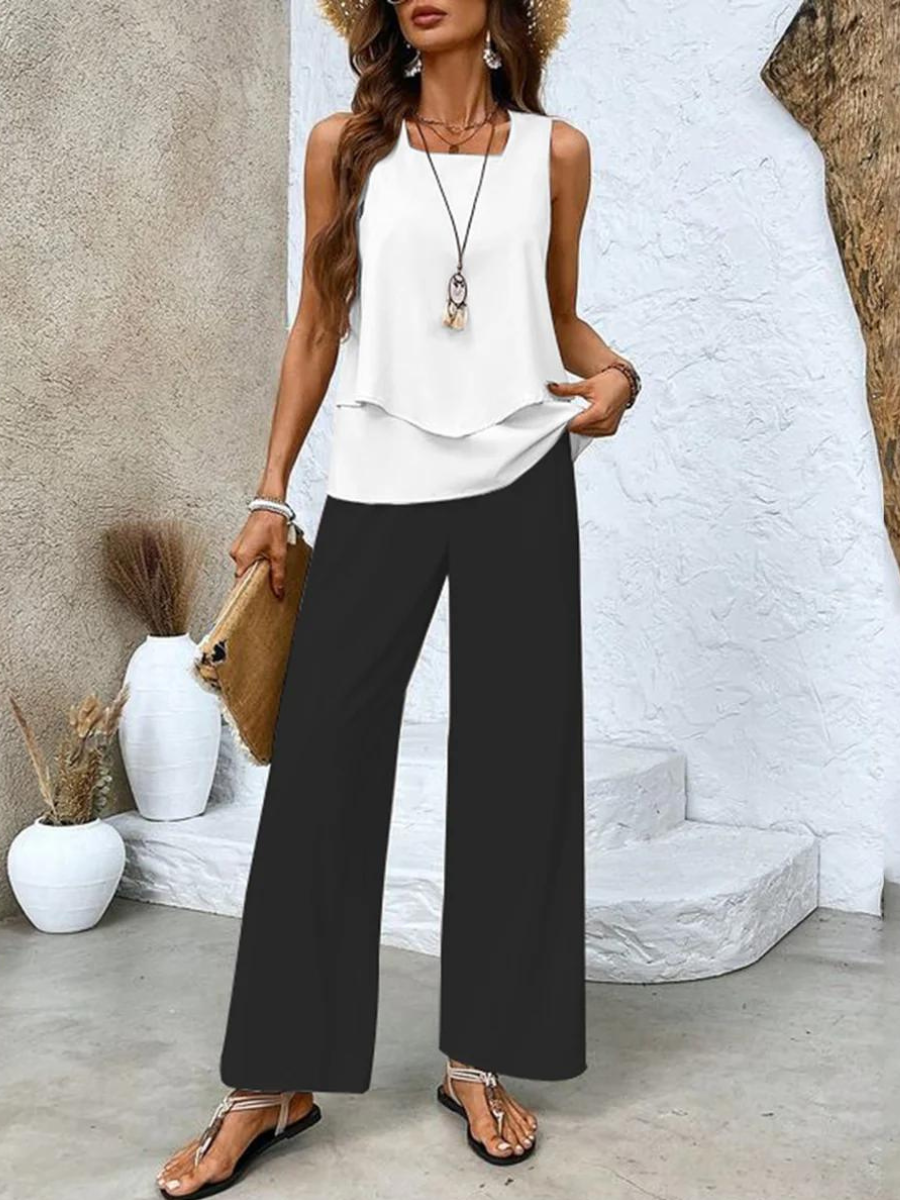 Women Two-Piece Set Layered Sleeveless Tank with Printed Wide-Leg Trousers - Black