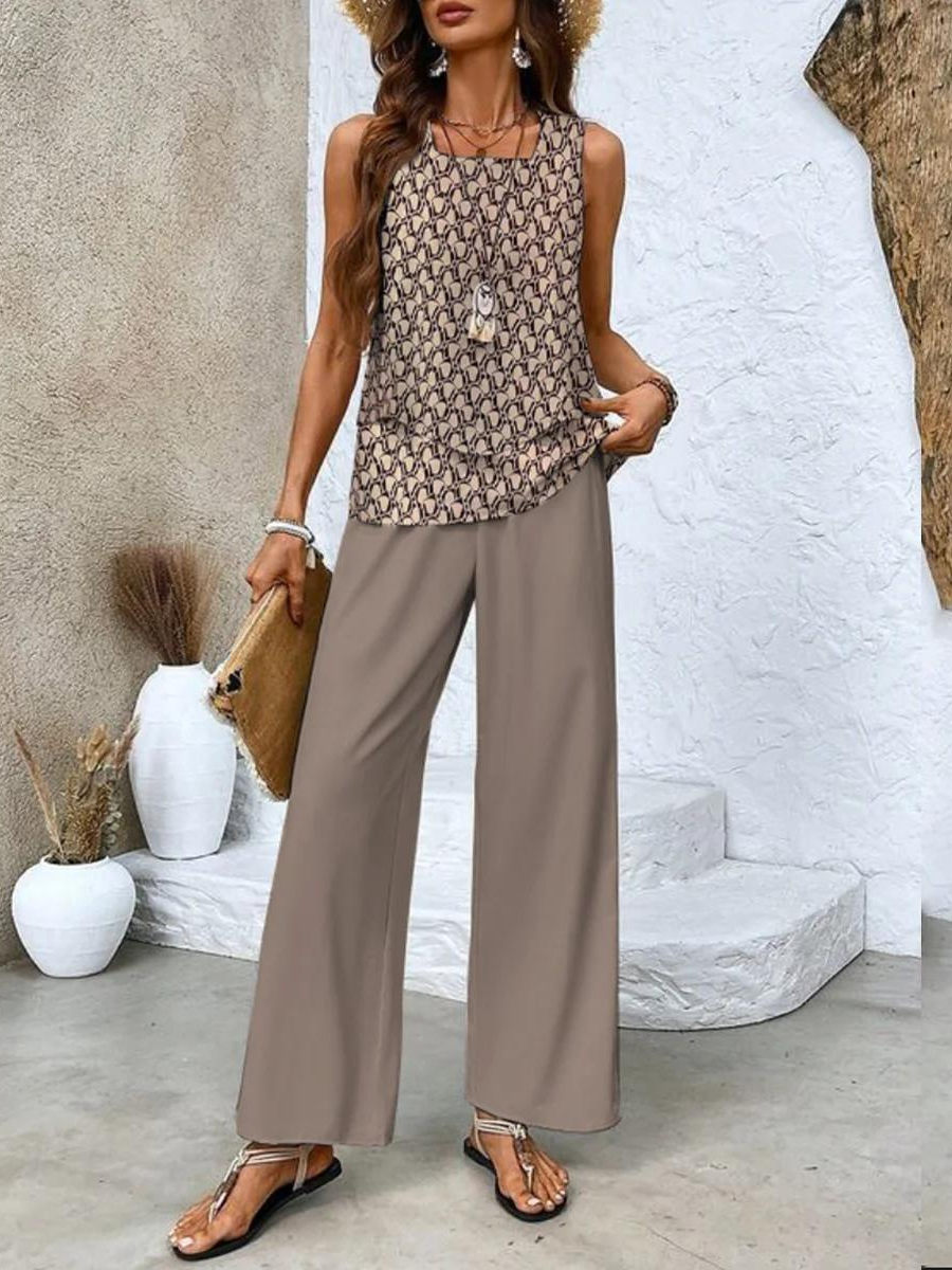 Women Two-Piece Set Layered Sleeveless Tank with Printed Wide-Leg Trousers - Brown
