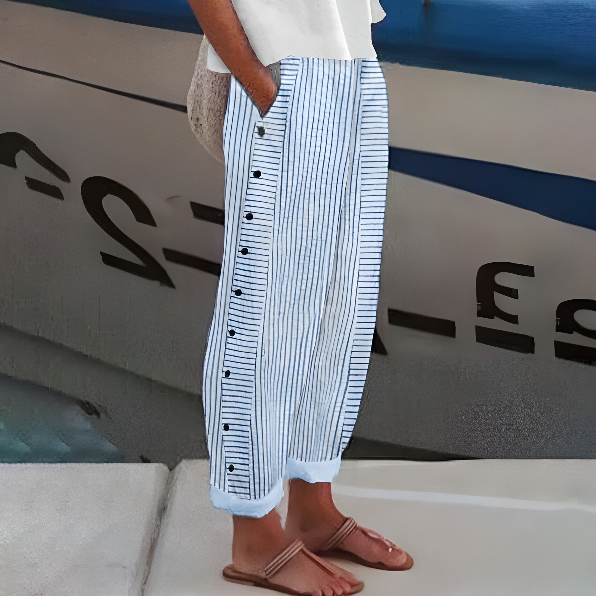Women Striped Trousers with Side-Button Detail and Pockets - Blue