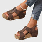 Women's Wedge Sandals with Front Zip and Studded Straps - 6