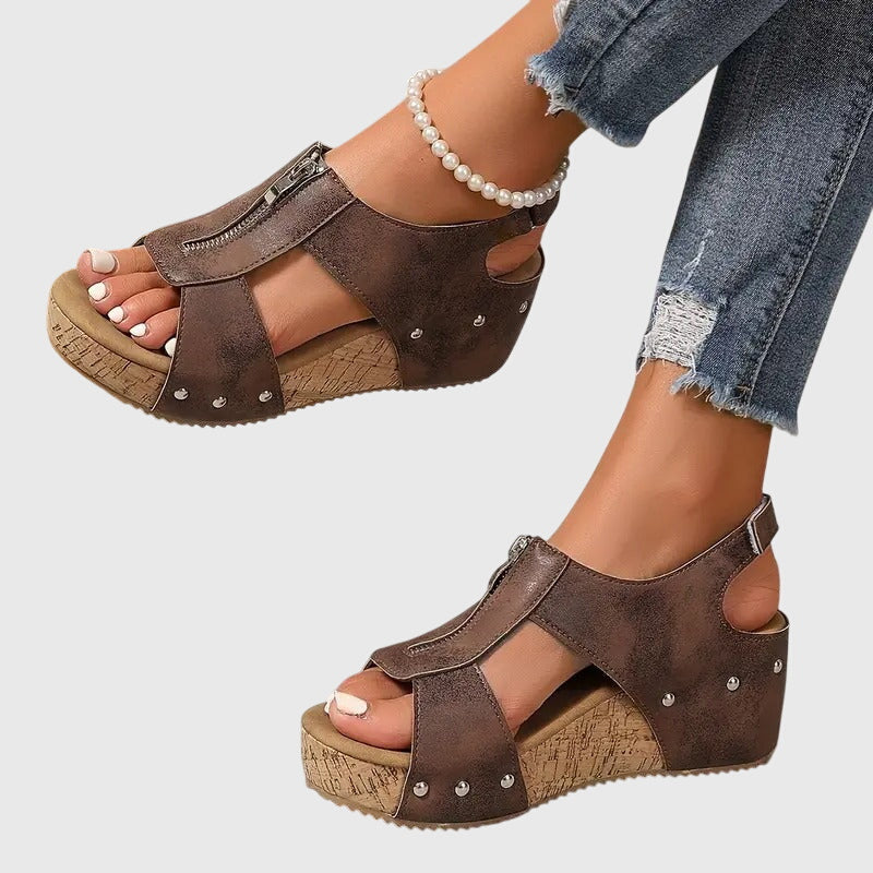 Women's Wedge Sandals with Front Zip and Studded Straps - 6