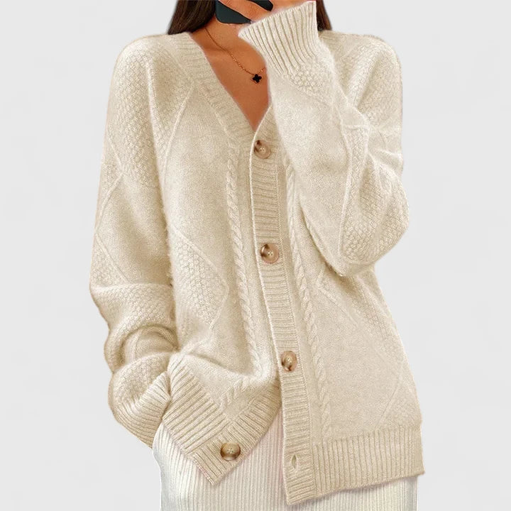 Women's Cardigan with V-Neck and Button Fastening - Apricot
