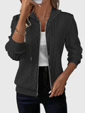 Women's Zip-Up Hoodie with Textured Cable Knit Print - Black