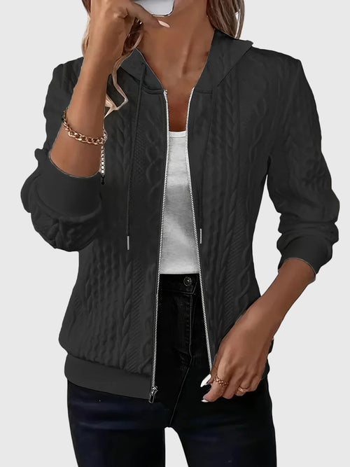 Women's Zip-Up Hoodie with Textured Cable Knit Print - Black