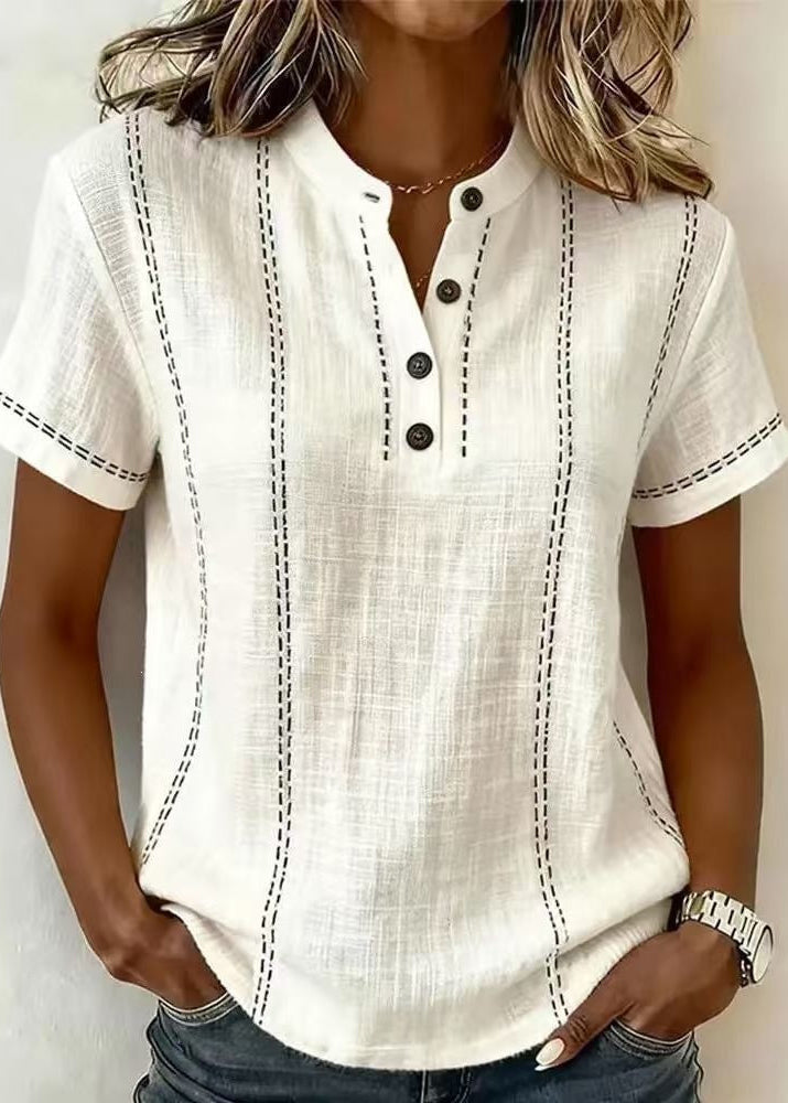 Women's Short Sleeve Blouse with Mandarin Collar and V-Neck Button Front - White