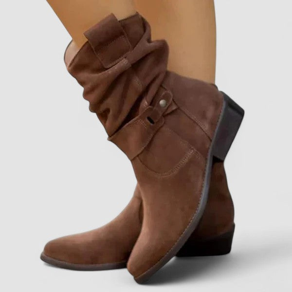 Women's Slouchy Ankle Boots with Side Zip and Buckle Strap - Dark Brown