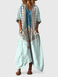 Women's Maxi Dress Relaxed Boho Fit with V-Neck and Deep Pockets - Green Blue
