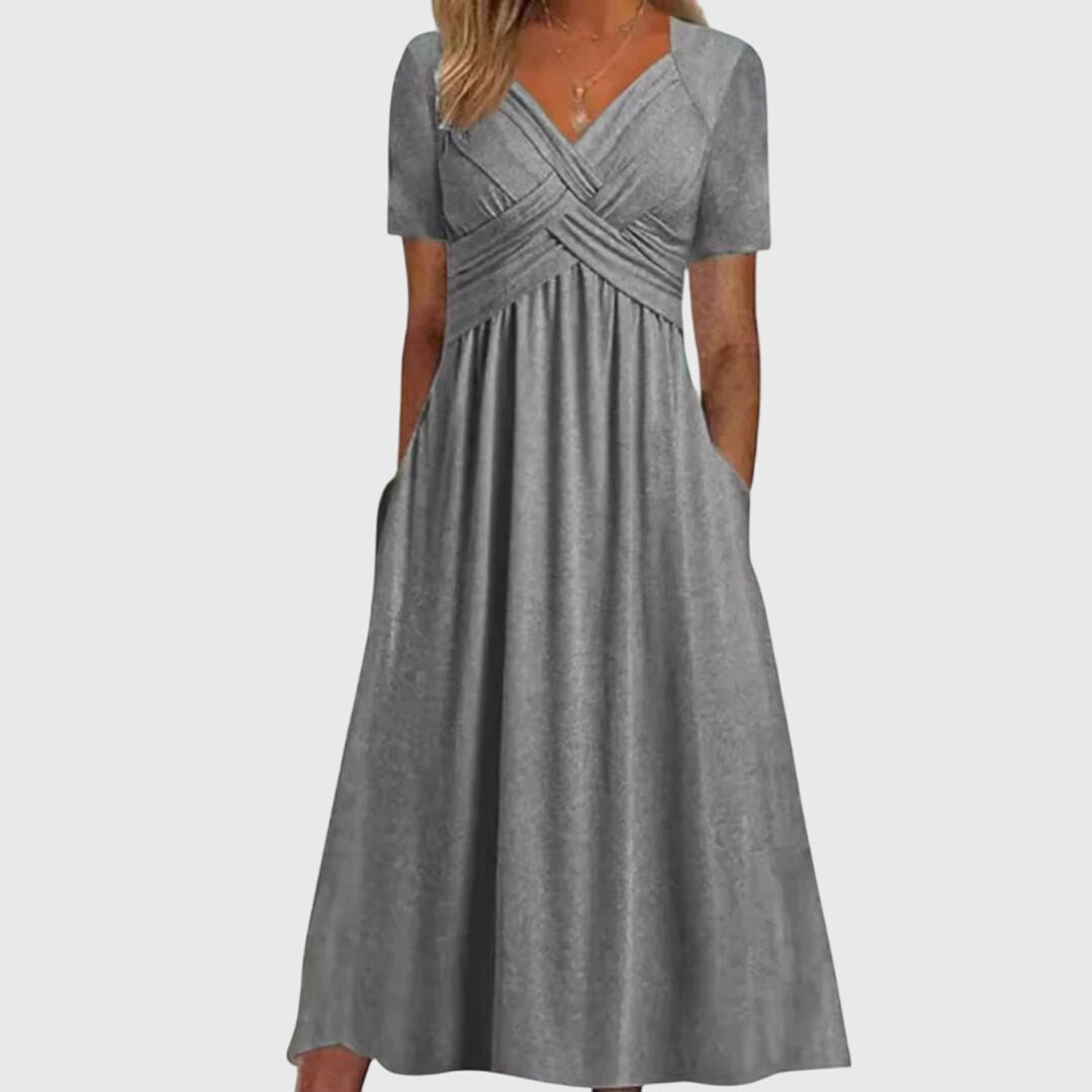Women's Midi Dress Short Sleeve with Crossover V-Neck and A-Line Skirt - Grey