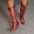 Women's Knee-High Embroidered Cowboy Boots with Pointed Toe - Red
