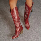 Women's Knee-High Embroidered Cowboy Boots with Pointed Toe - Red
