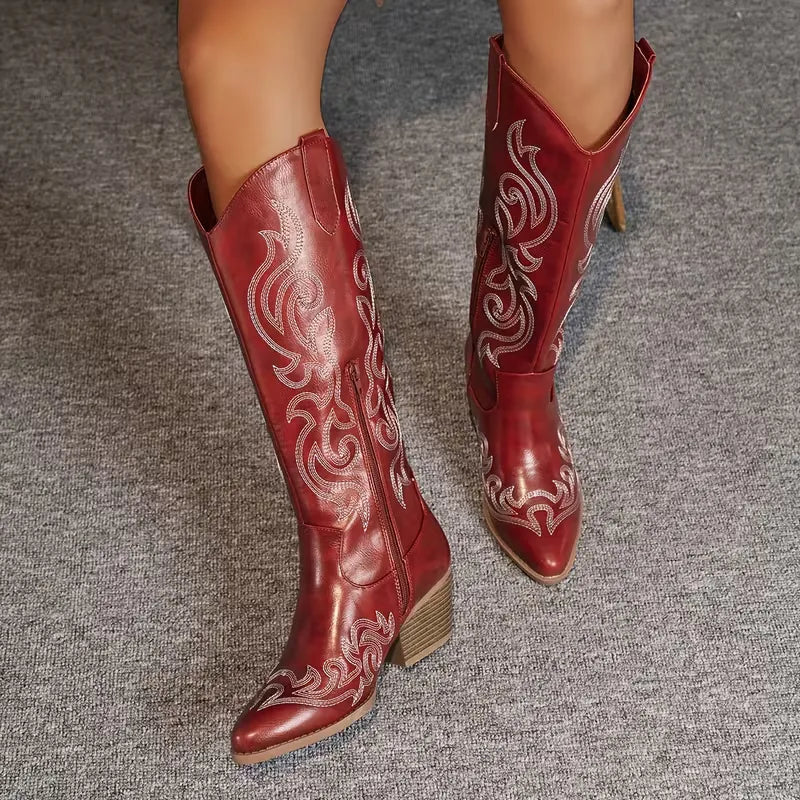 Women's Knee-High Embroidered Cowboy Boots with Pointed Toe - Red