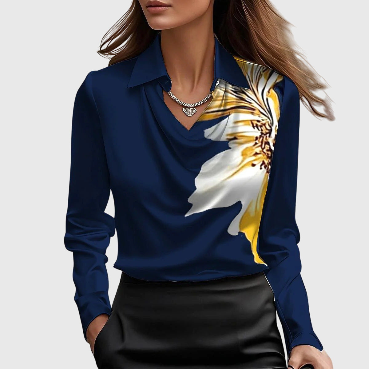 Women's Blouse with Draped Cowl Neckline and Long Sleeves - Dark Blue