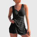 Swim Dress with Ruched Front Tie and Printed Skirt Overlay - Black