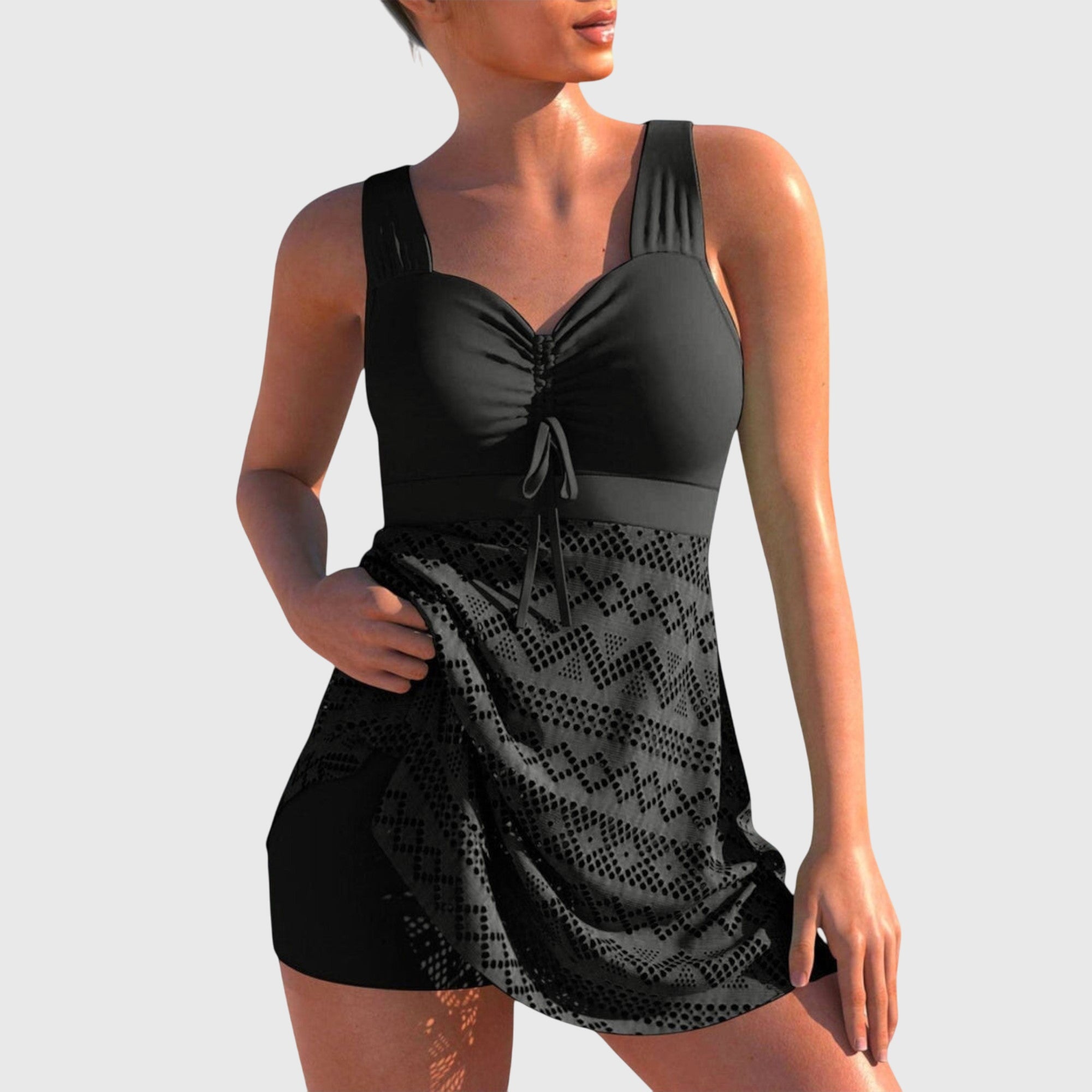 Swim Dress with Ruched Front Tie and Printed Skirt Overlay - Black
