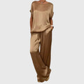 Women's Two-Piece Set Loose Top with Wide-Leg Trousers - Brown