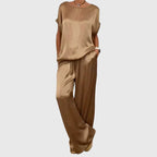 Women's Two-Piece Set Loose Top with Wide-Leg Trousers - Brown