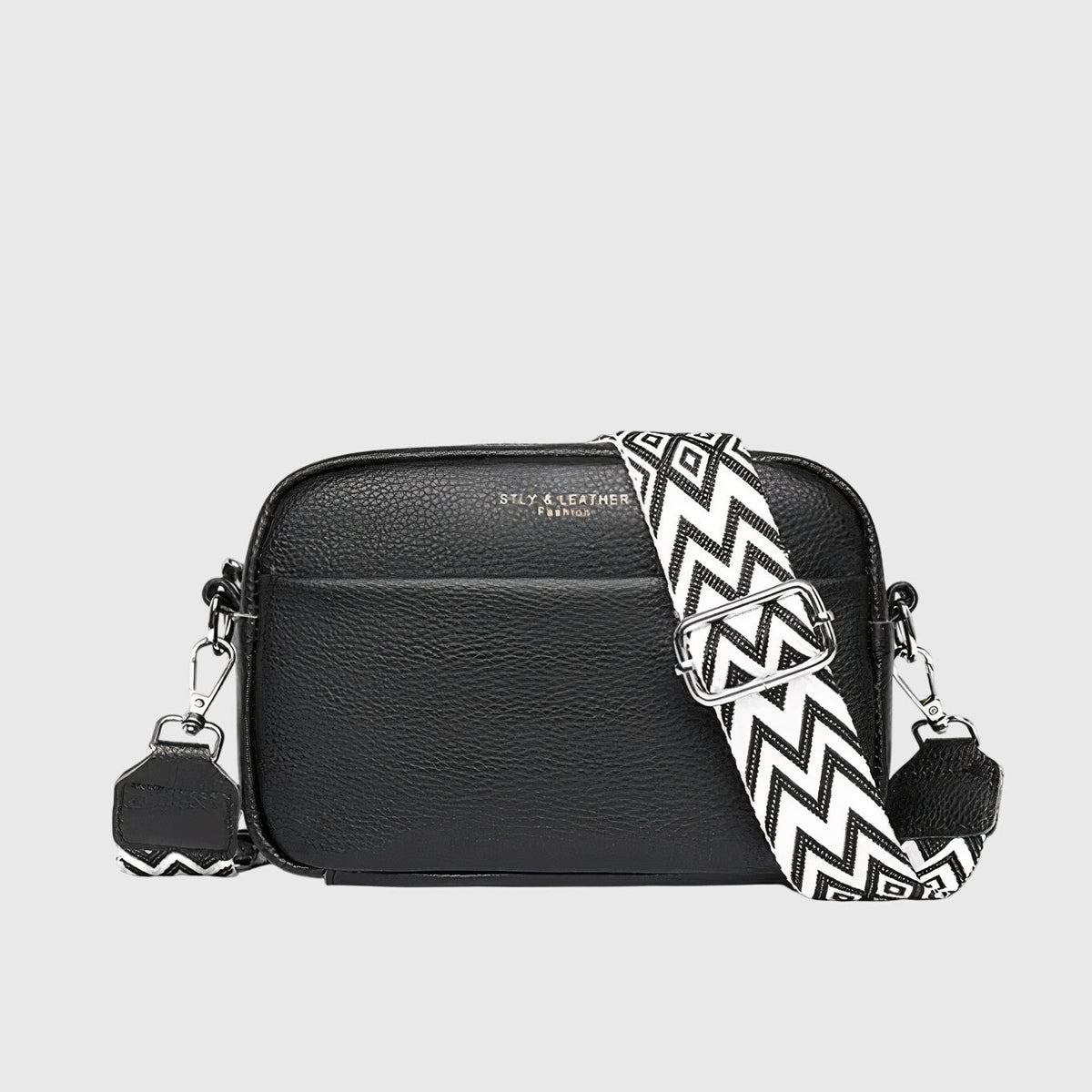 Women's Structured Crossbody Bag with Patterned Strap - Black