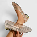 Women's Flats with Lace Mesh and Block Heel - Gold