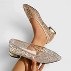 Women's Flats with Lace Mesh and Block Heel - Gold