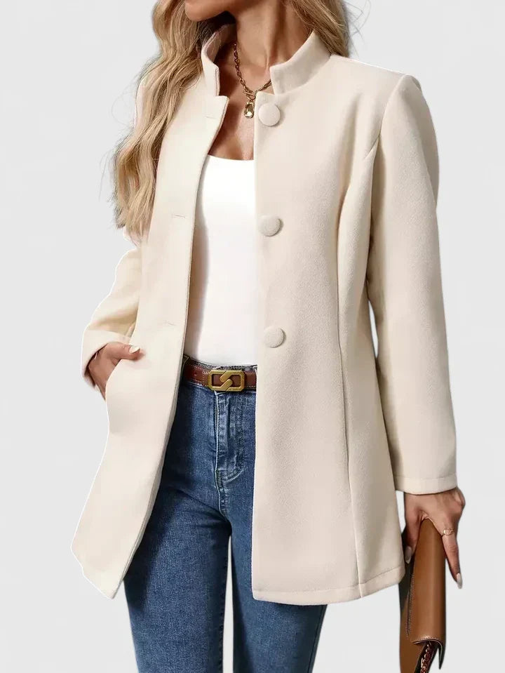 Women's Collarless Jacket with Button Closure and Waist Shaping - 5