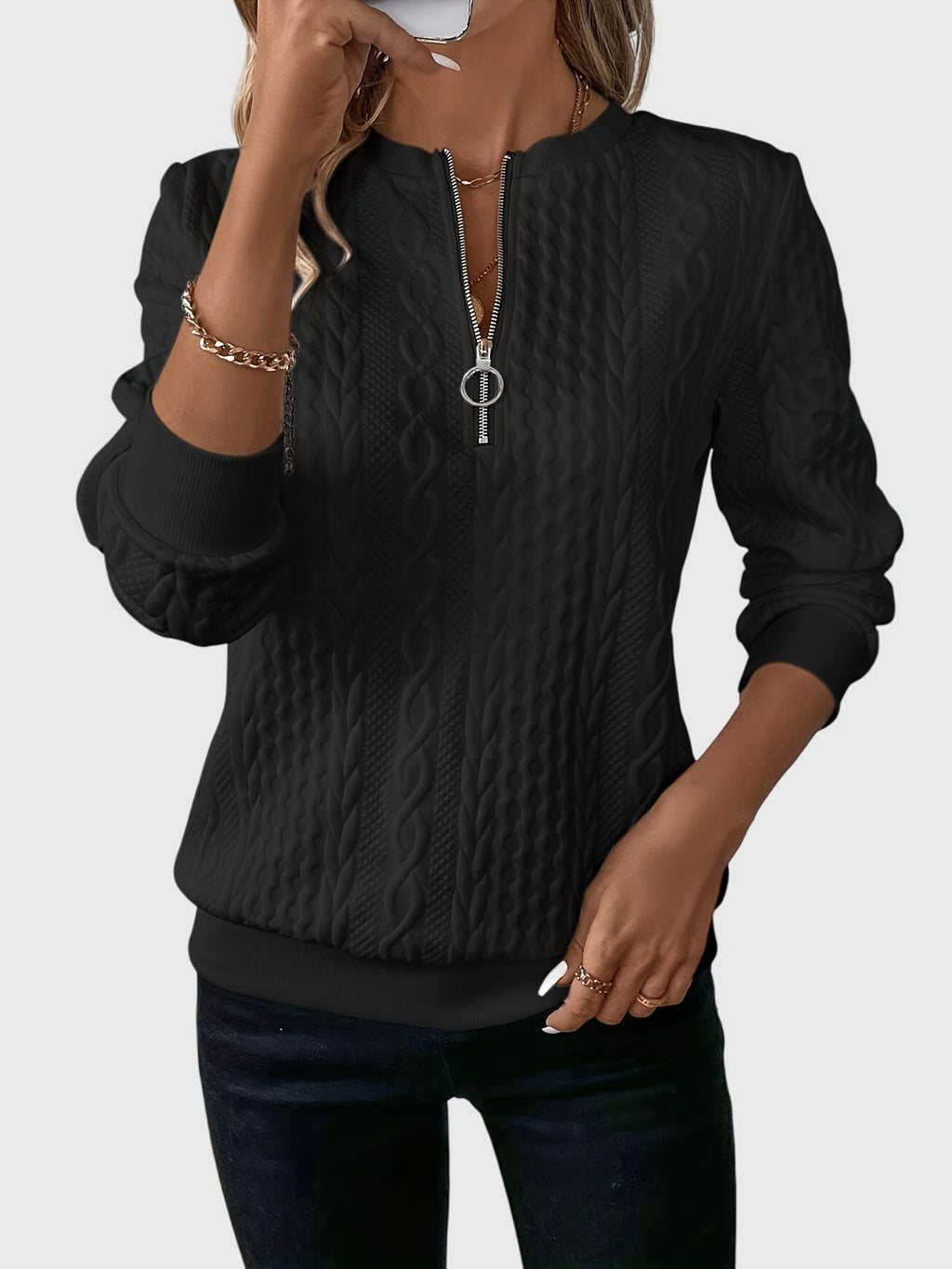 Women's Jumper with Zip Detail and Cable Knit Texture - 9