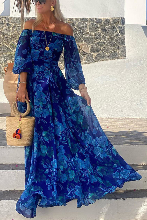 Women's Off-Shoulder Maxi Dress with Floral Print and Flared Sleeves - Blue