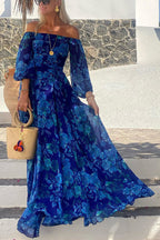 Women's Off-Shoulder Maxi Dress with Floral Print and Flared Sleeves - Blue