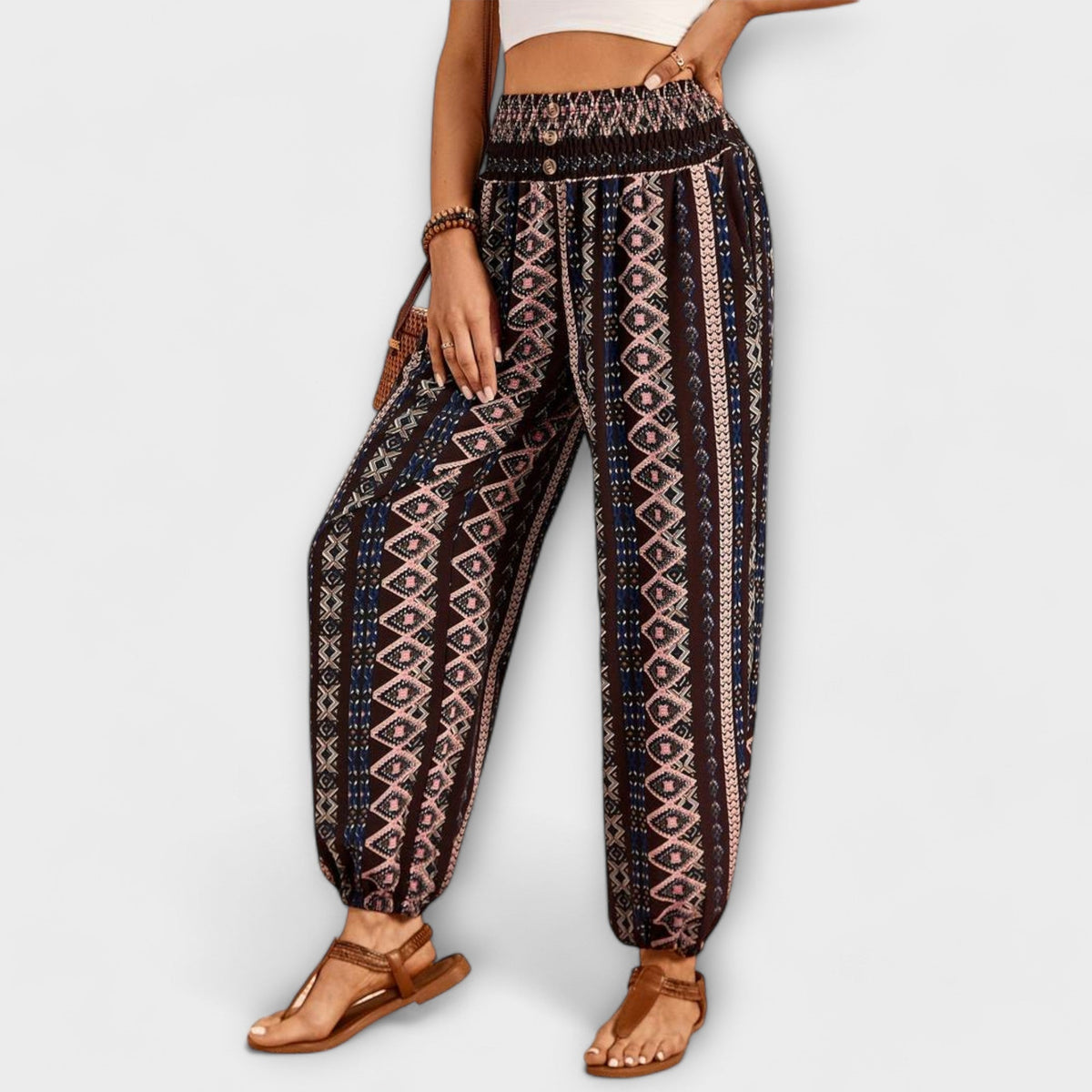 Women's Trousers with Ethnic Print - Pink