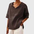 Women's Blouse Short Sleeve with V-Neck and Relaxed Fit - Brown