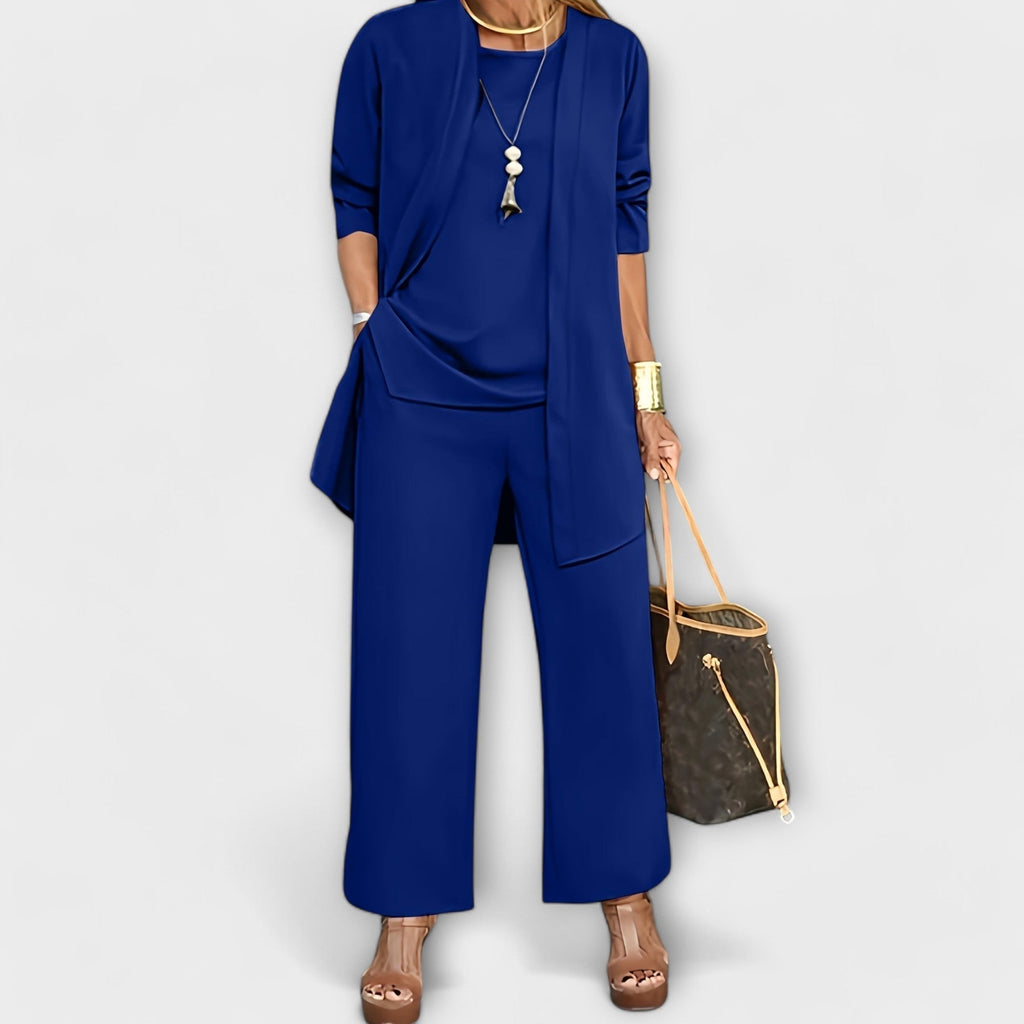 Women's Three-Piece Set with Longline Cardigan and Relaxed Trousers - Blue