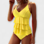 Women's Tankini Swimsuit V-Neck with Tiered Ruffles - Yellow