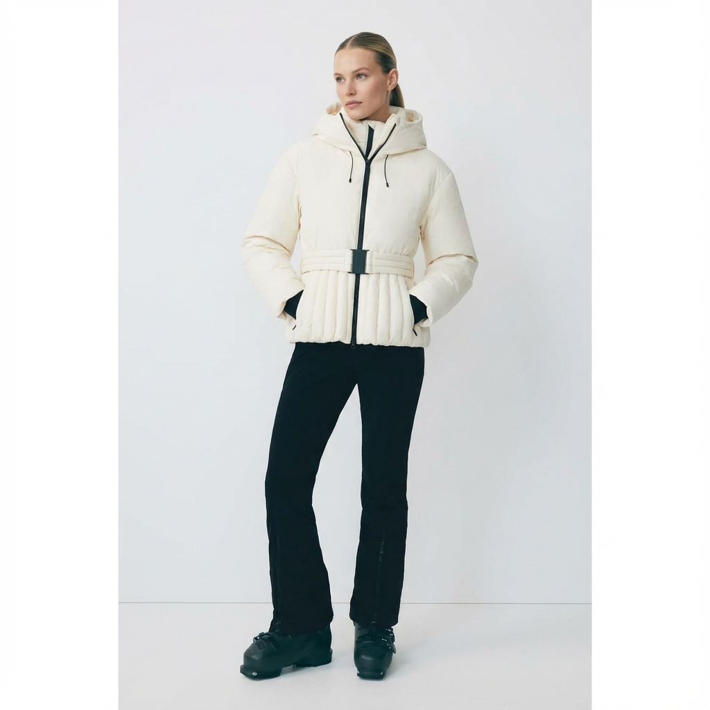 Women's Ski Jacket with Detachable Hood, Belted Fitted Waist - 5