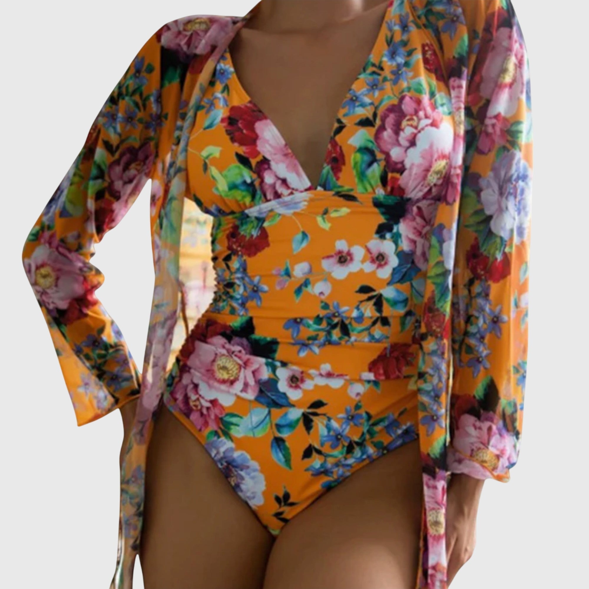 Floral Print High-Waisted Bikini Set with Adjustable Straps - Orange