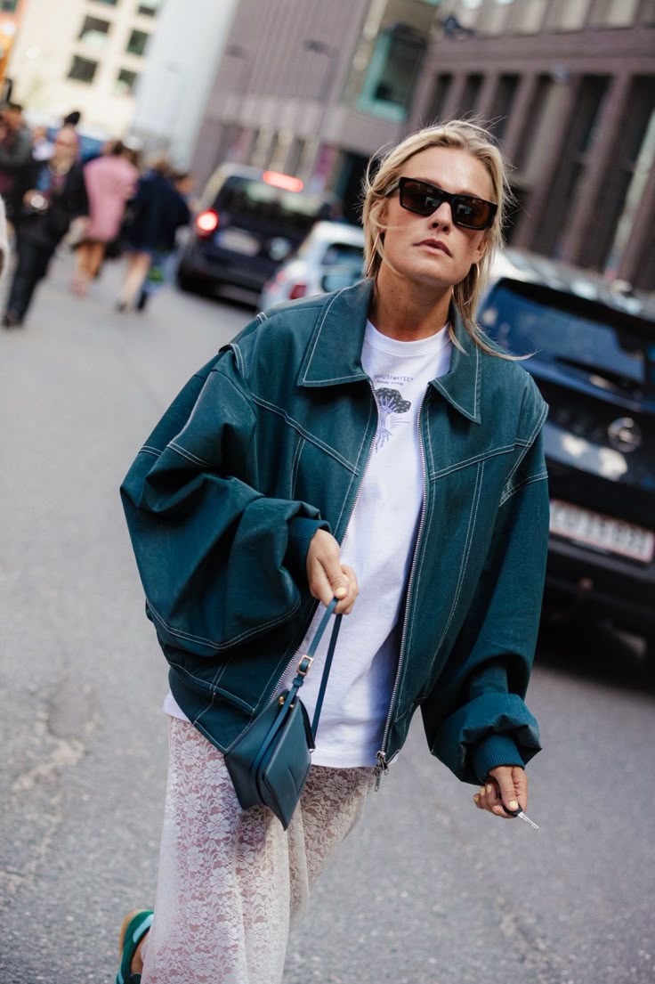 Women's Oversized Jacket with Contrast Seam Details - Blue