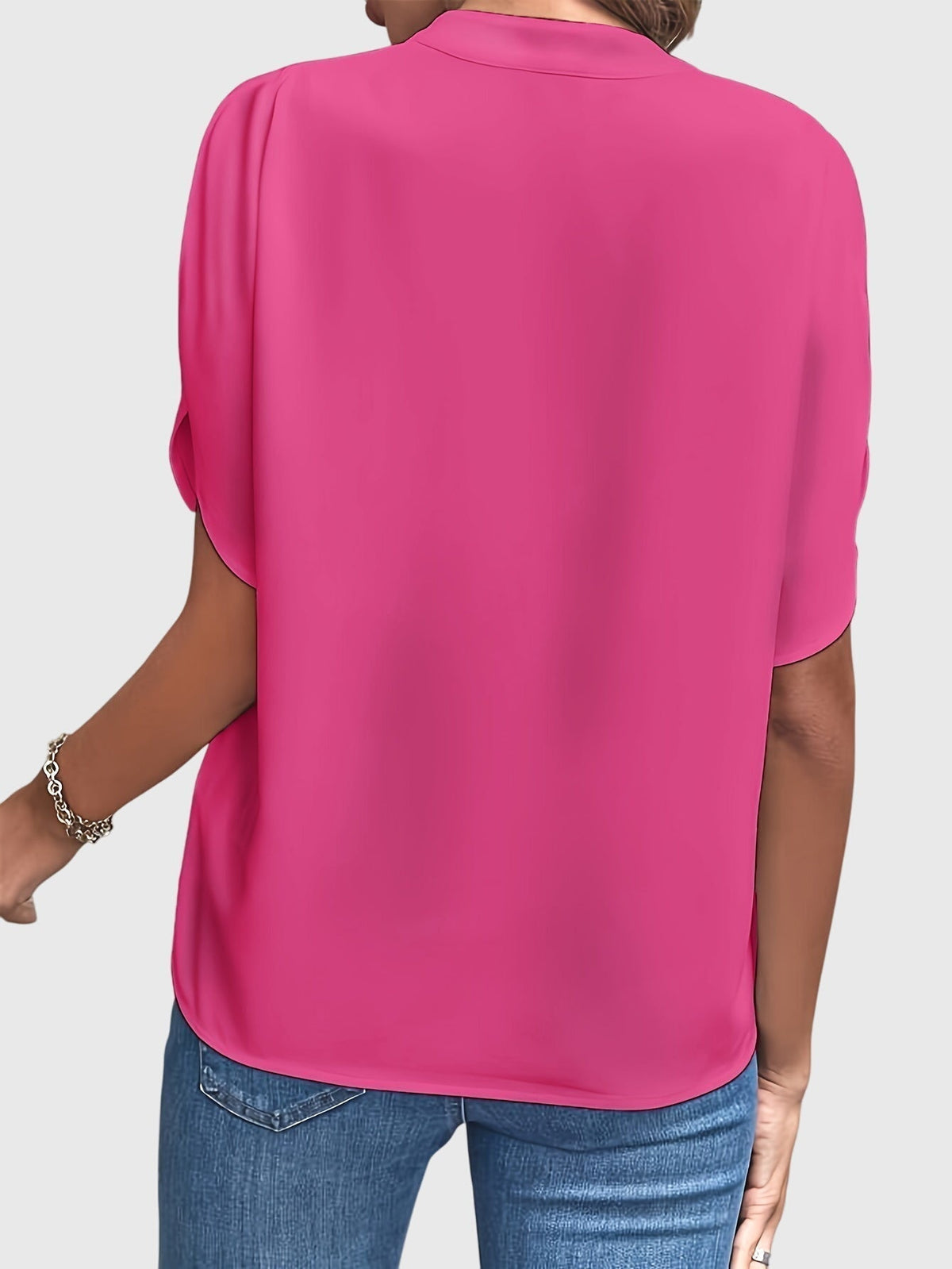 Women's Blouse Short Sleeve with V-Neck and Split Cuffs - 15