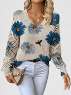 Women's Cardigan Floral Print with Lattice Sleeves and V-Neck - Blue