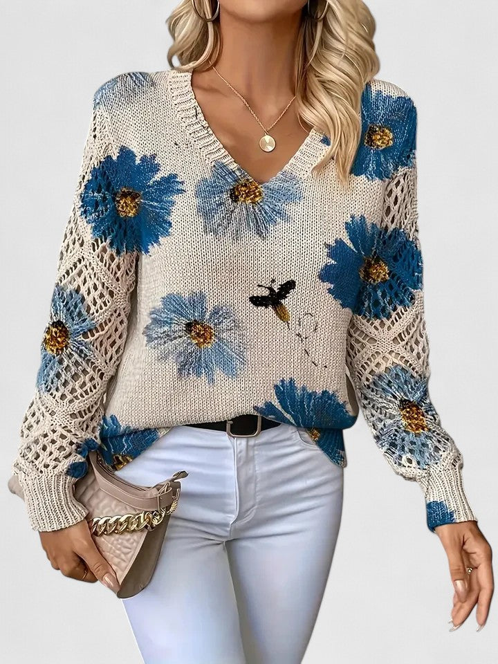 Women's Cardigan Floral Print with Lattice Sleeves and V-Neck - Blue
