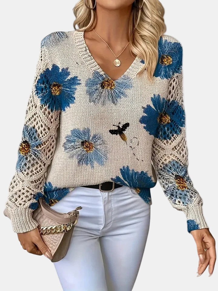 Women's Jumper V-Neck Floral Print with Crochet Sleeves - Blue