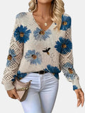 Women's Jumper V-Neck Floral Print with Crochet Sleeves - Blue