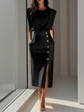 Women's Bodycon Midi Dress Sleeveless with Button Detail and Side Slit - Black