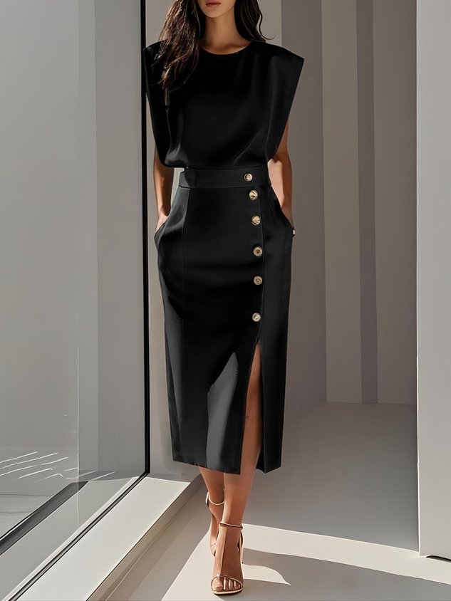 Women's Bodycon Midi Dress Sleeveless with Button Detail and Side Slit - Black