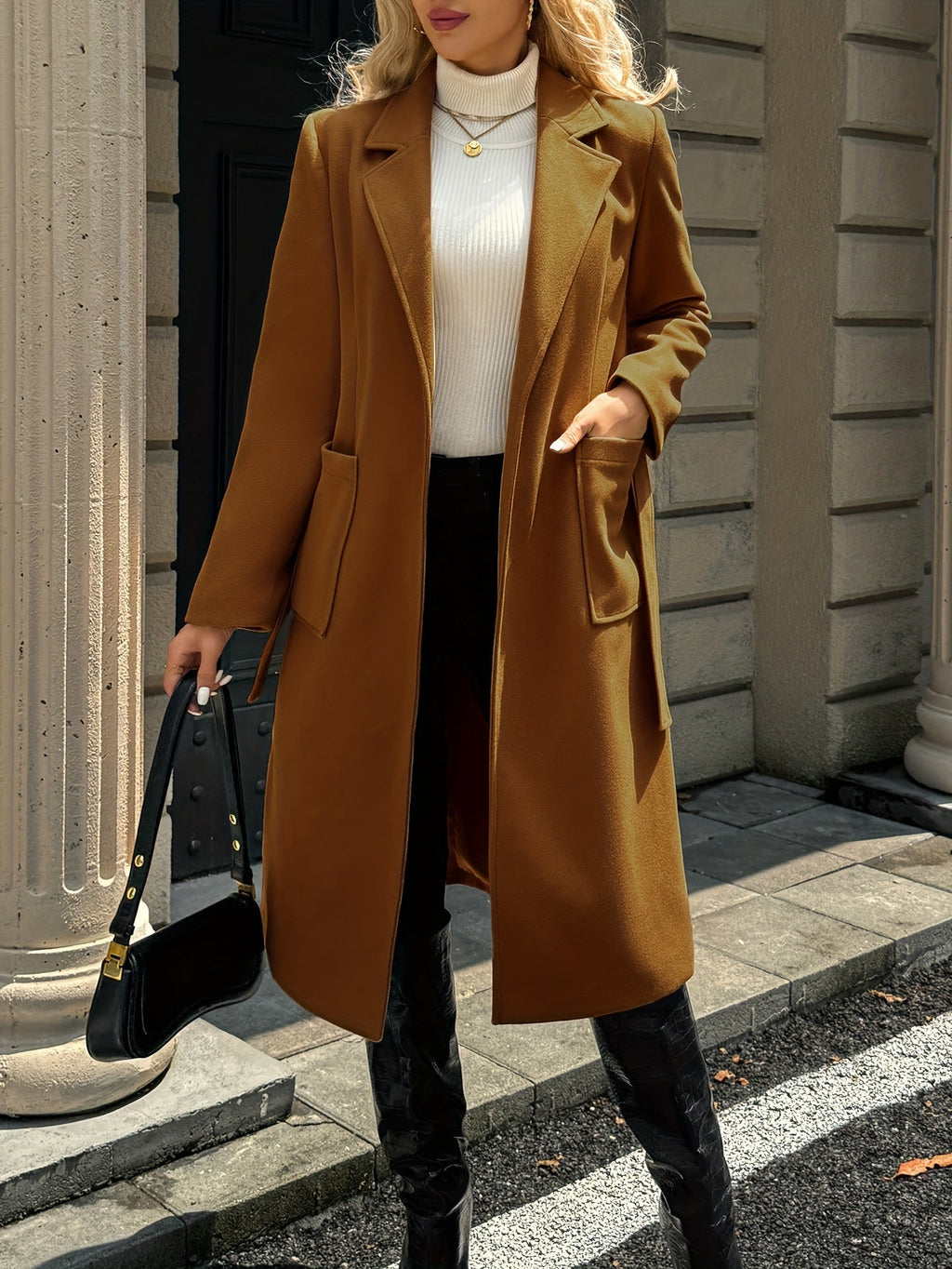 Women's Belted Long Coat Notch Lapel Front Pockets - 15