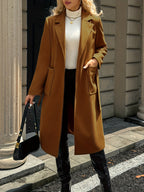Women's Belted Long Coat Notch Lapel Front Pockets - 15