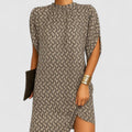 Women's Shift Dress with Ruched Neckline and Shoulder Cutouts - Beige Pattern