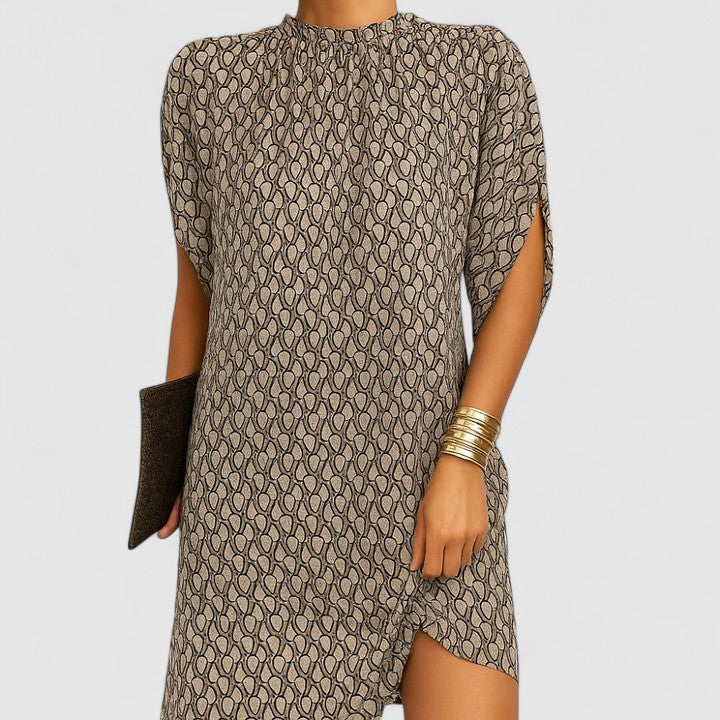 Women's Shift Dress with Ruched Neckline and Shoulder Cutouts - Beige Pattern