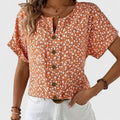 Women's Blouse Short Sleeve with Floral Print and Button-Up Front - Orange