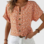 Women's Blouse Short Sleeve with Floral Print and Button-Up Front - Orange