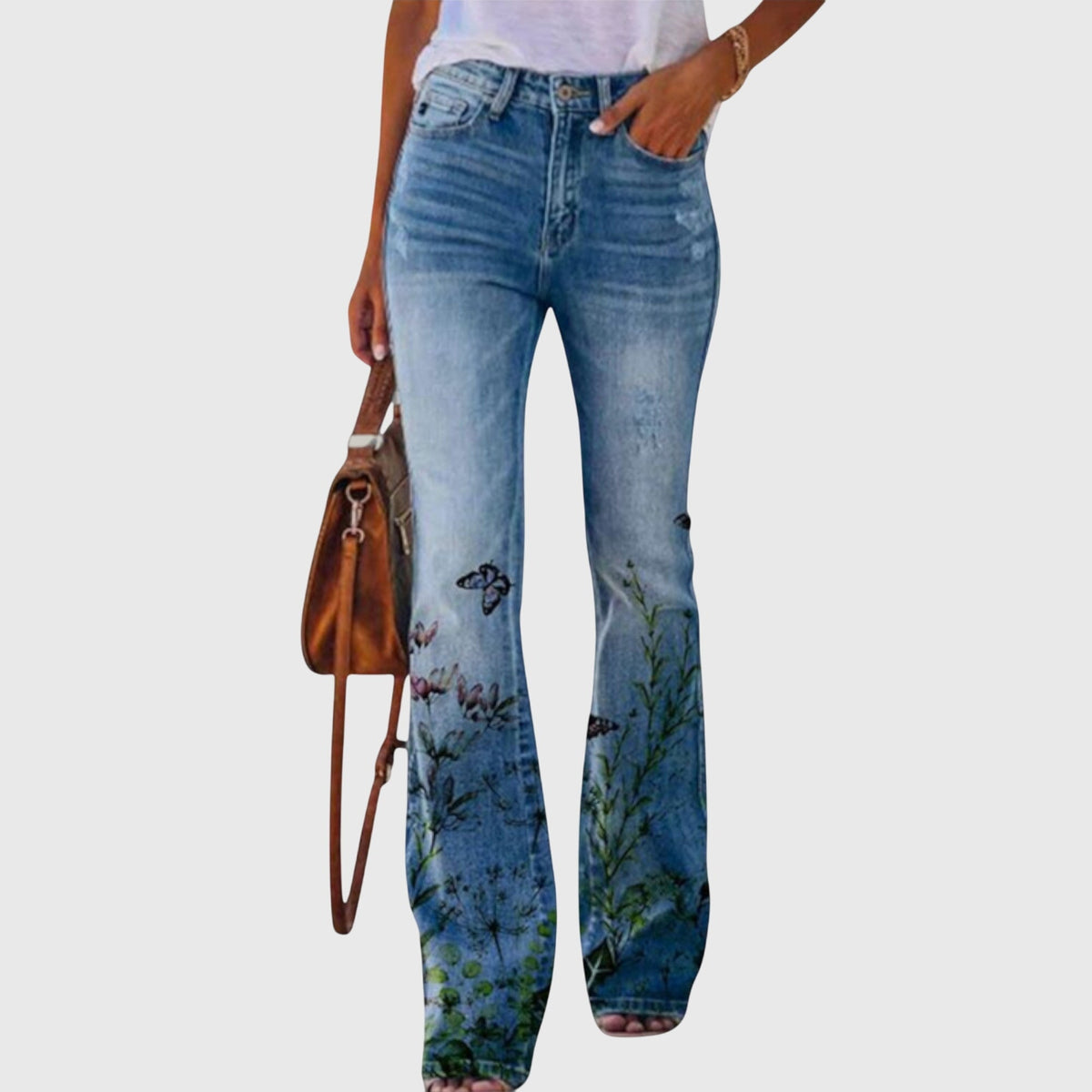 Women's Wide Leg Trousers with Floral Print and Button Detailing - Black Butterfly