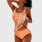 Women's Swimsuit Set with Printed Panel and Strappy Straps - Orange